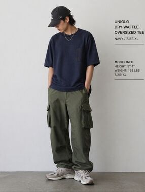 UNIQLO XL Dry Waffle Oversized T-Shirt Navy Blue Pocket Crew Neck Men’s